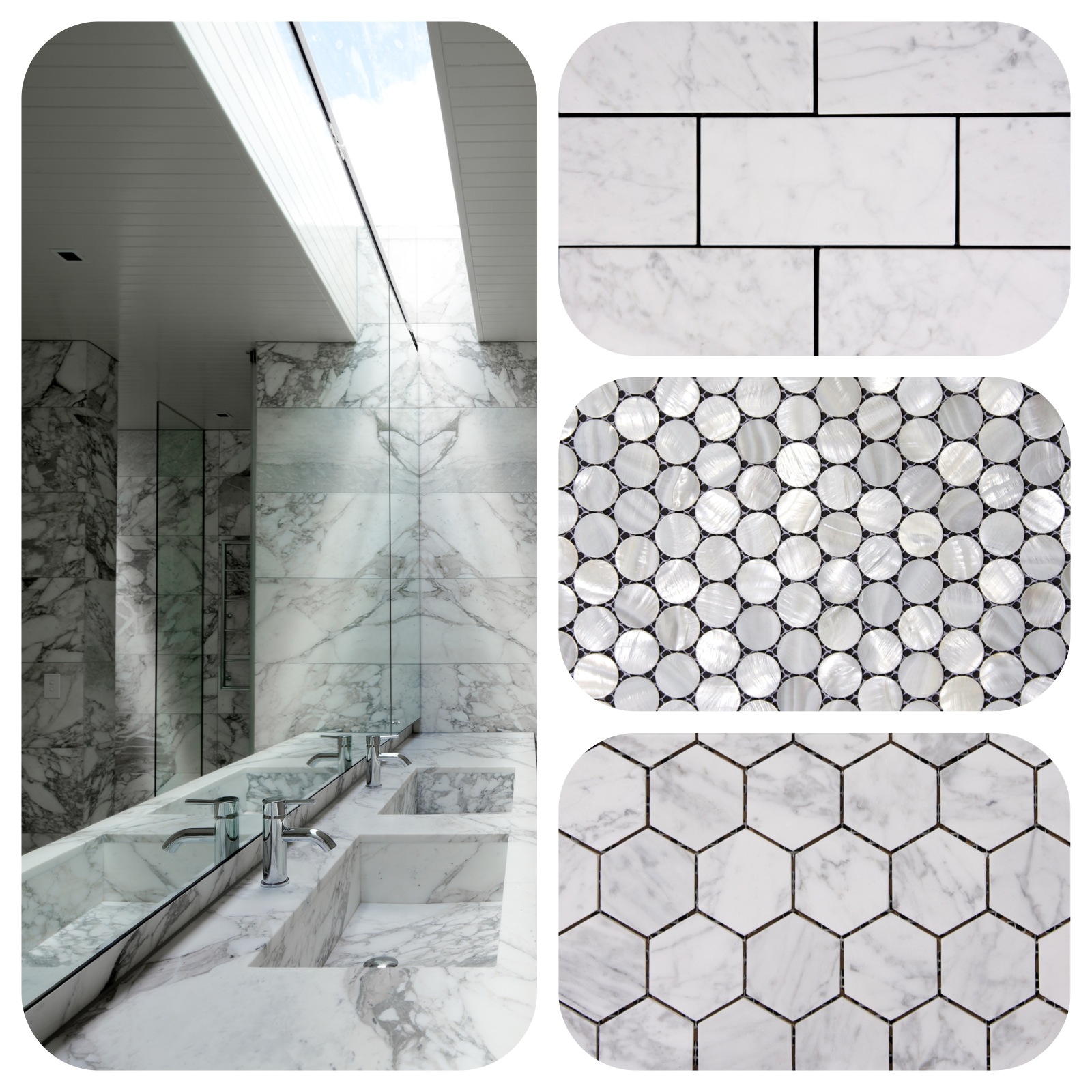 An Arabescato bathroom with marble and mother of pearl mosaics