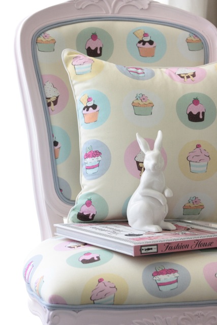 Cupcakes chair and cushion with Megan Hess book and ceramic rabbit