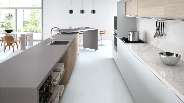Caesarstone's online visualiser showing a kitchen with Sleek Concrete and Calacatta Nuvo benchtops