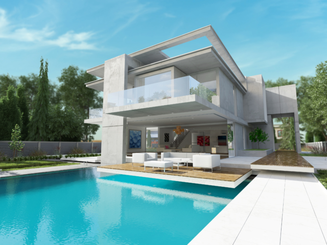 External view of a contemporary house with pool