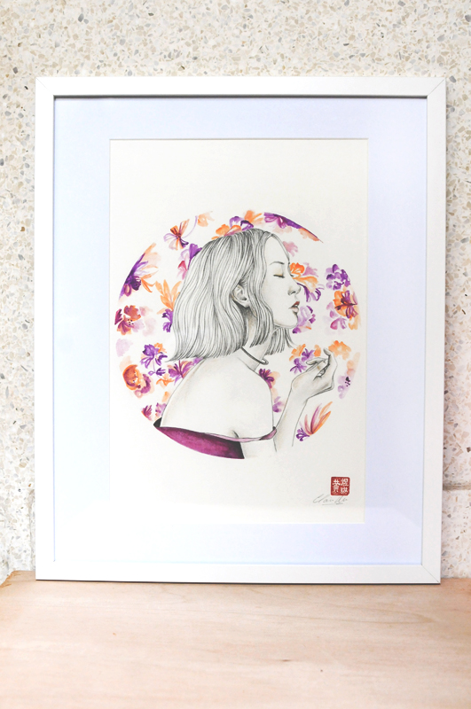 SA Artist Claire Wee donated work Pluie Violette framed