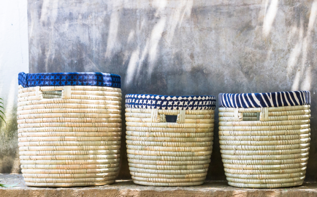 Lily baskets with indigo trimmed handles