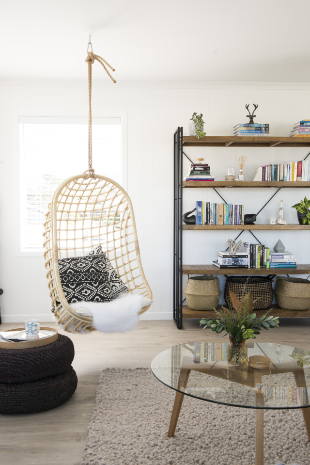 The hanging chair was bought in Australia and carried in Rachael's hand luggage to New Zealand