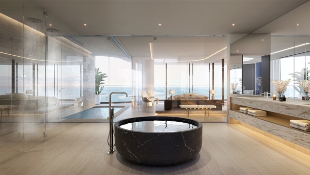 Penthouse bathroom and bedroom