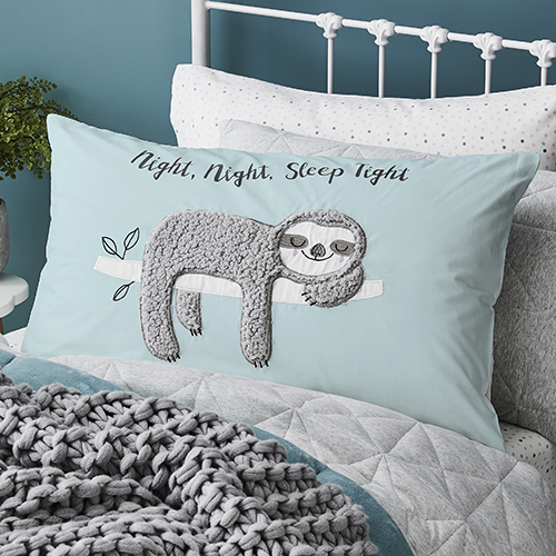 Adairs Kids Sherpa sloth text pillowcase, $19.99.
