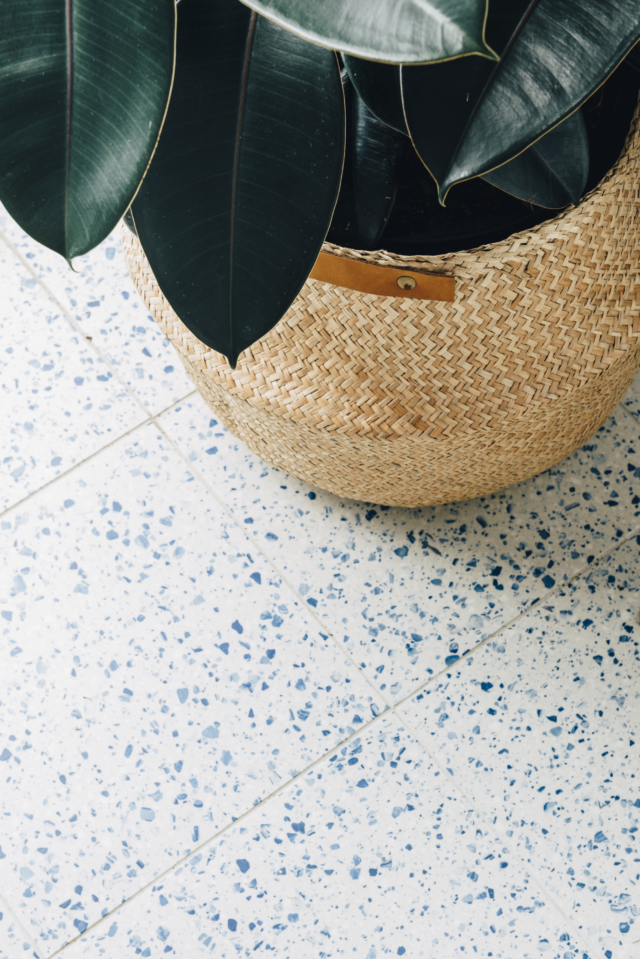 A close up of the gorgeous terrazzo-look floor tile