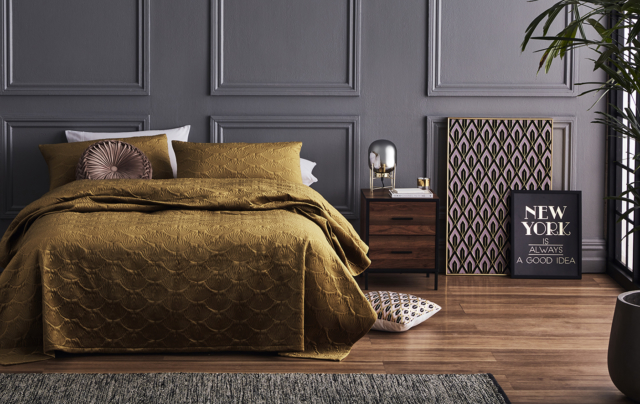 'Wonder' velvet coverlet in gold, $49