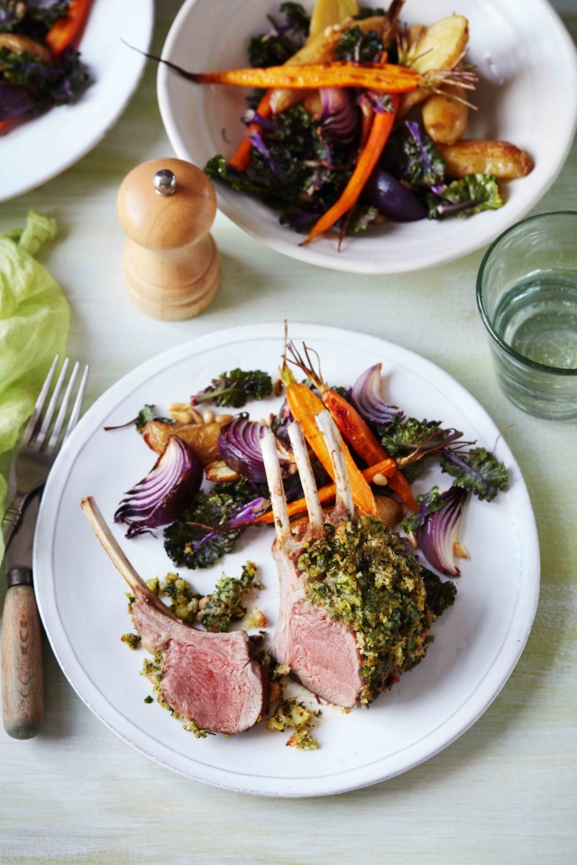 Herb crusted lamb racks with chargrilled vegetable salad