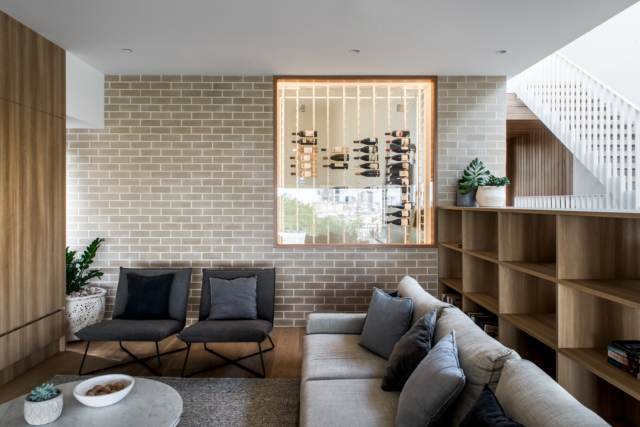 A wine rack makes a statement in the living room. Photo: Cathy Shusler