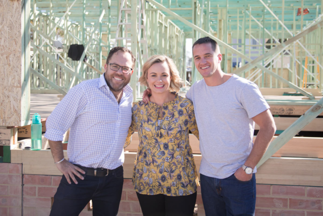 Interior designer James Treble with Rachael and Andrew Gowling during the construction process