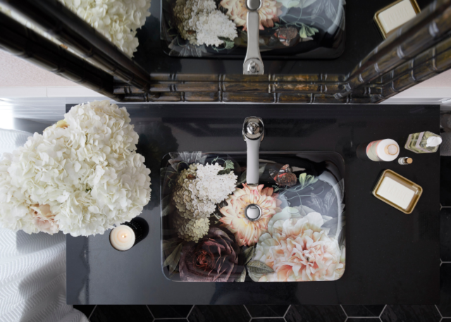 The Dutchmaster Blush Floral sink collection comes in a rectangle shape