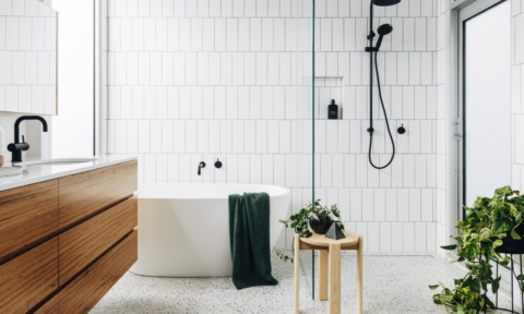 By Bruno created this modern yet classic bathroom. Image: Lauren Bamford