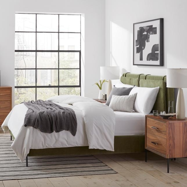 Kirkeby queen bed in moss, from $2295