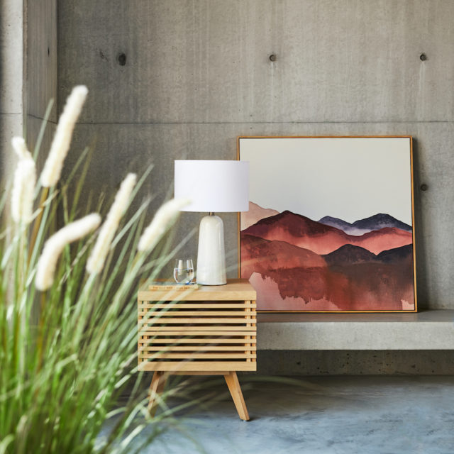 The 'Horizon' canvas shown with the white table lamp and slat oak two-drawer bedside table