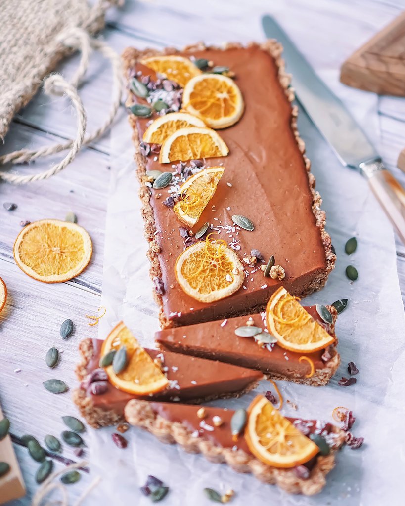 Raw Orange Chocolate Tart with Hazelnut-Oat Crust (Vegan, Gluten Free)