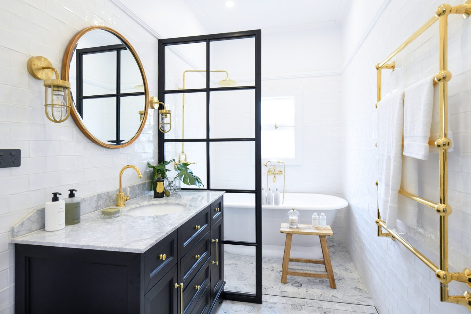 white and gold bathroom