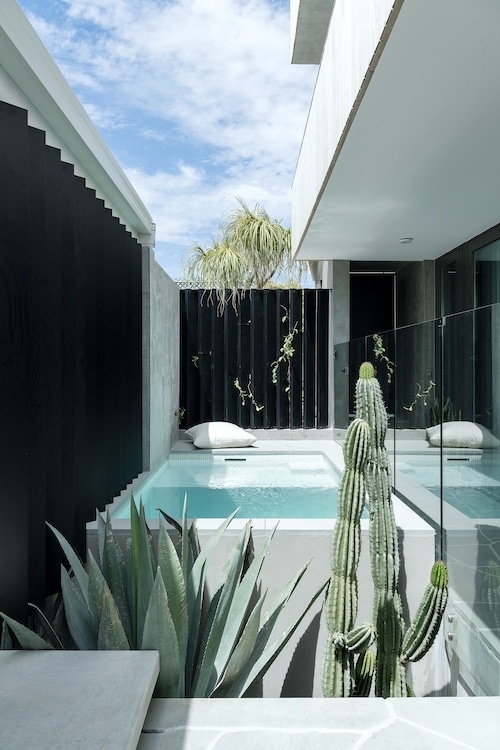 Minimalist desert-inspired landscaping, including cactus and succulents, complement the simple Modernist form of the home