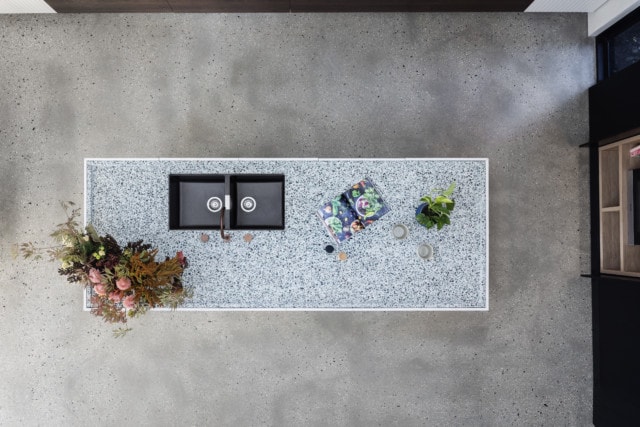 The kitchen bench top is a terrazzo slab from Signorino