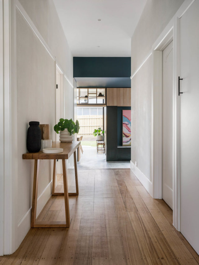 The hallway from the original home at the front