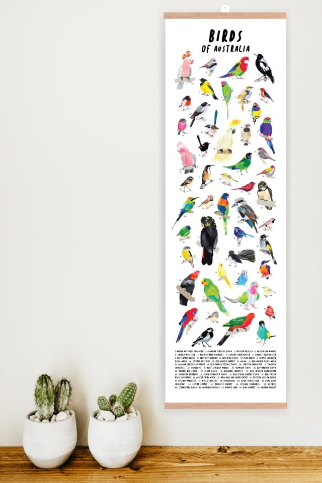 'Birds of Australia' canvas wall hanging with wood hangers