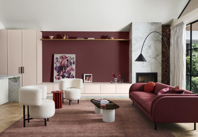 modern burgundy living room